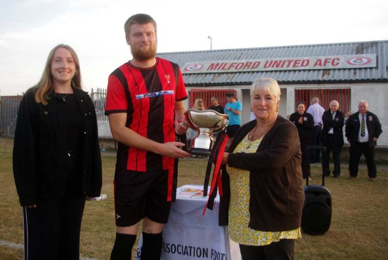 Jubilee Cup presentation -  Hannah Hawkins, Goodwick captain Scott Delaney and Tracy Hawkins